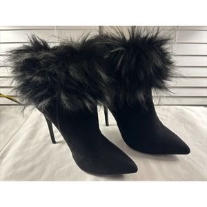Black Suede Stiletto High Heel Booties with Fur Size 11 Plus Size